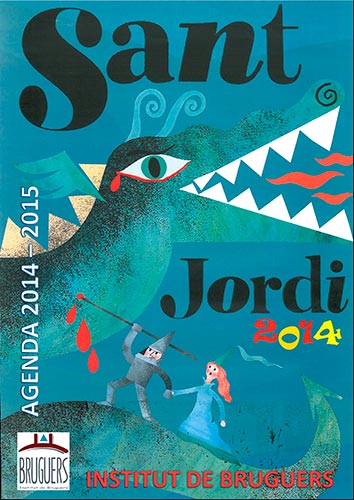 Il·lustració d'un drac verd, un cavaller i una princesa per a l'agenda escolar Sant Jordi 2014.