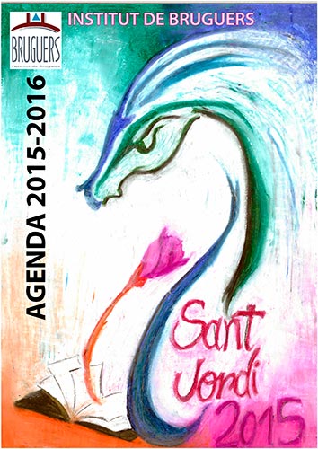 Dibuix d'un drac estilitzat d'on neix una rosa a sobre d'un llibre obert per a Sant Jordi 2015.