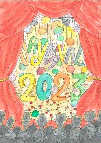Il·lustració d'un escenari de teatre amb cortines vermelles, globus i el text Carnaval 2023.