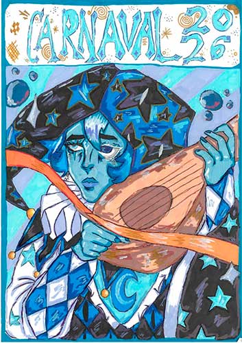 Il·lustració d'un arlequí blau tocant un llaüt amb motius astronòmics per al Carnaval 2026.